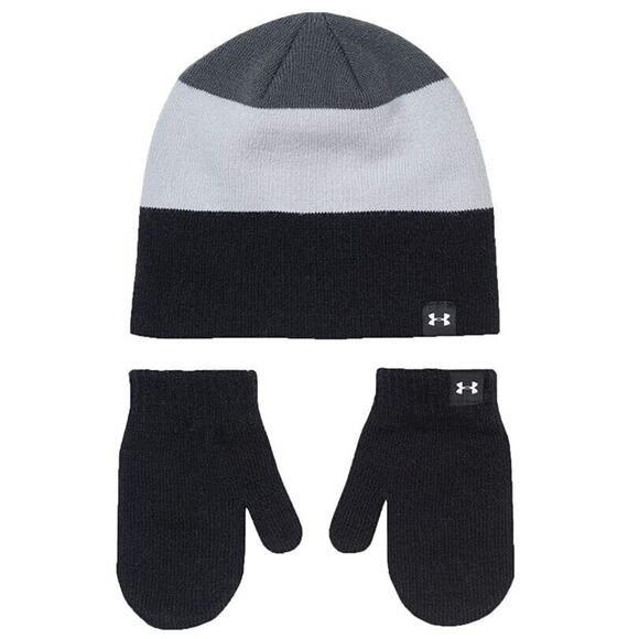 Under Armour Kids Black/Gray Knit Winter Beanie & Mittens Set Toddler One Size - Picture 1 of 2